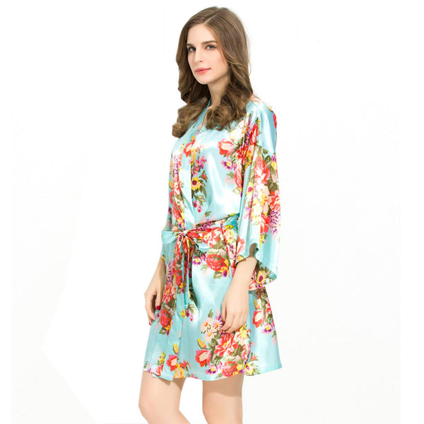 Sky Blue - Floral Satin Kimono Robe