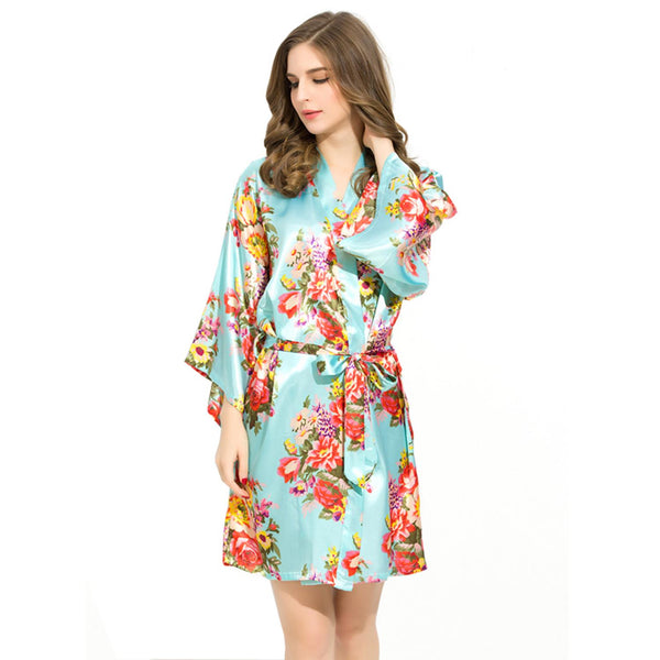 Sky Blue - Floral Satin Kimono Robe