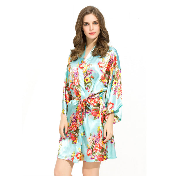 Sky Blue - Floral Satin Kimono Robe