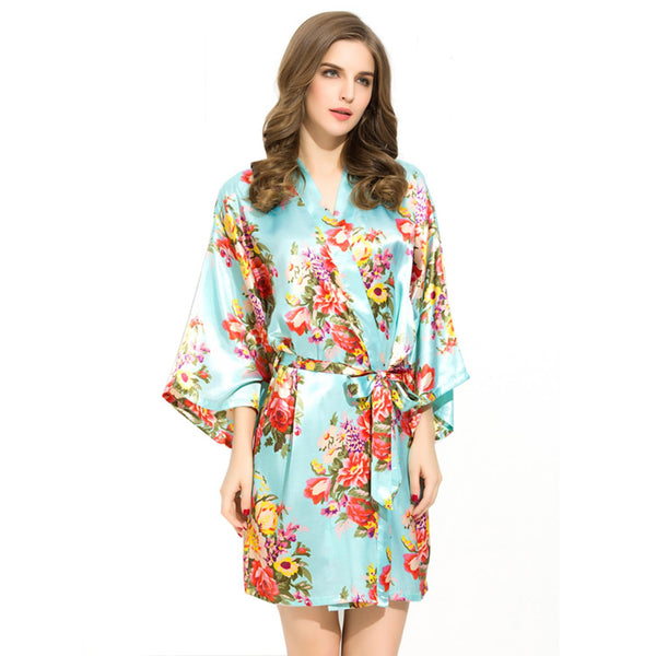 Sky Blue - Floral Satin Kimono Robe