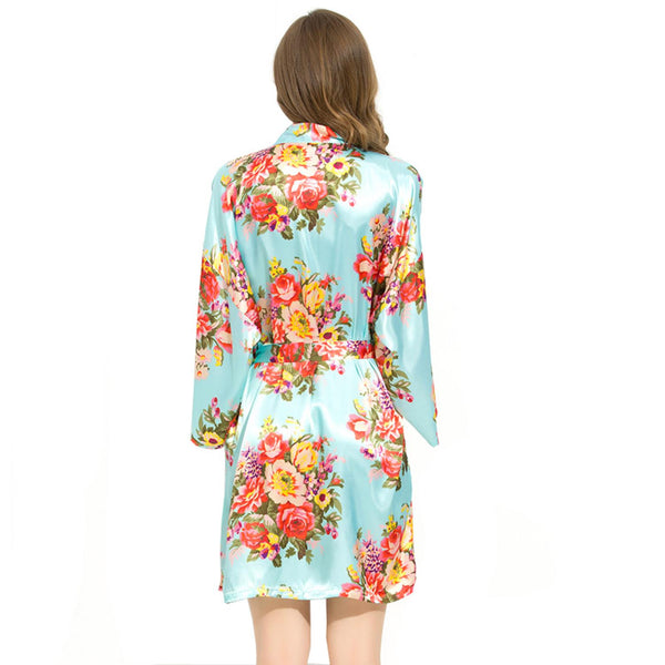 Sky Blue - Floral Satin Kimono Robe