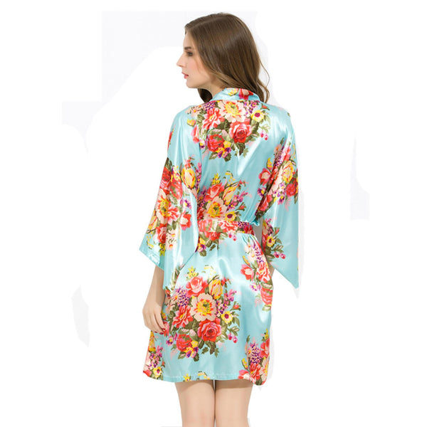 Sky Blue - Floral Satin Kimono Robe