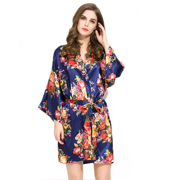 Navy Blue - Floral Satin Kimono Robe