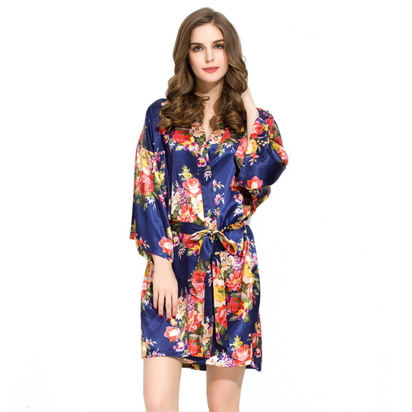 Navy Blue - Floral Satin Kimono Robe