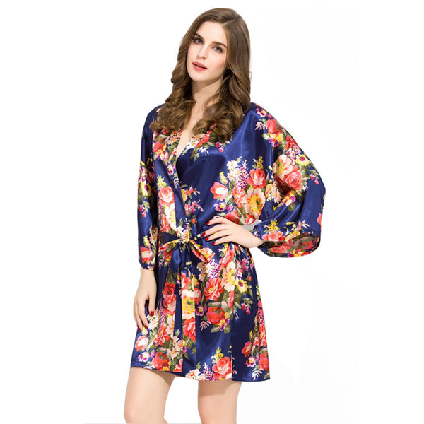 Navy Blue - Floral Satin Kimono Robe