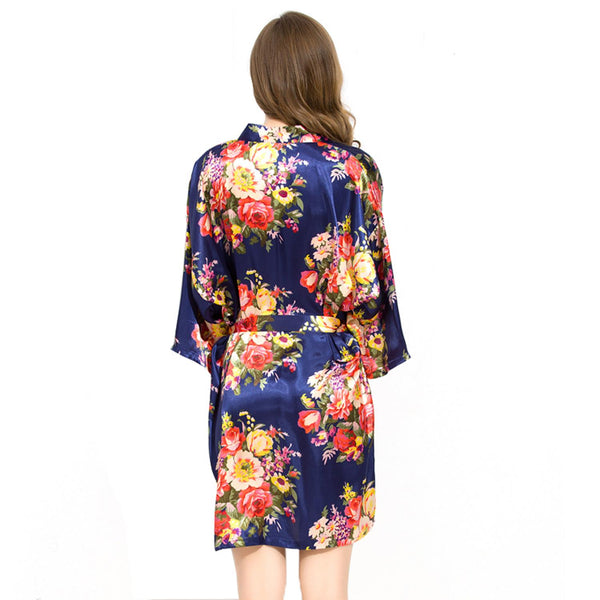 Navy Blue - Floral Satin Kimono Robe