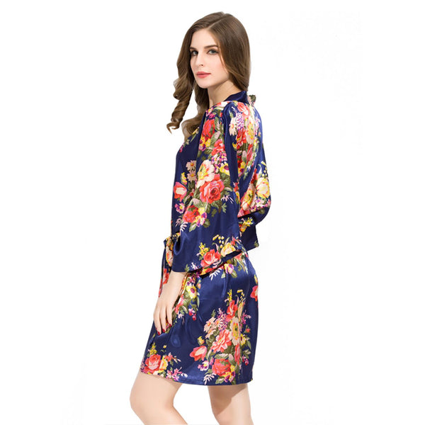 Navy Blue - Floral Satin Kimono Robe