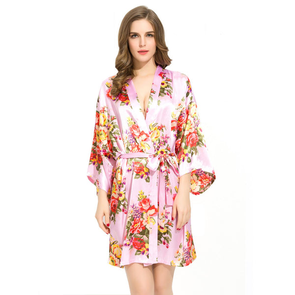 Light Pink - Floral Satin Kimono Robe