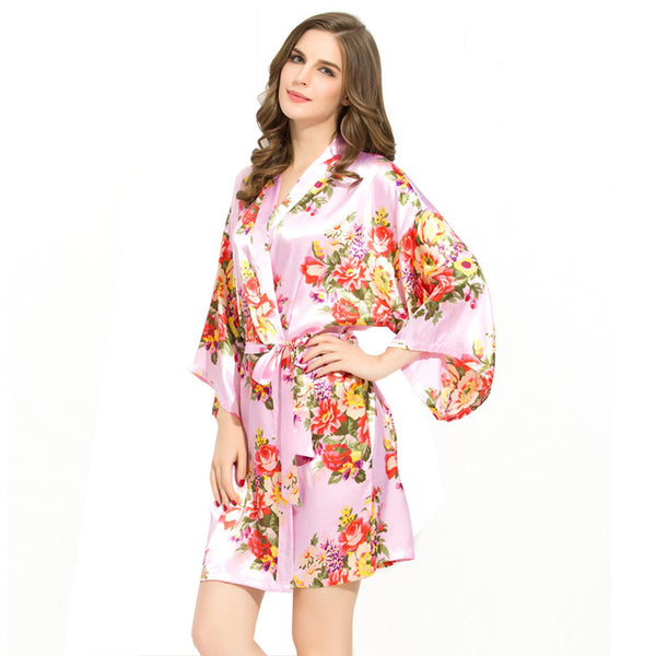 Light Pink - Floral Satin Kimono Robe