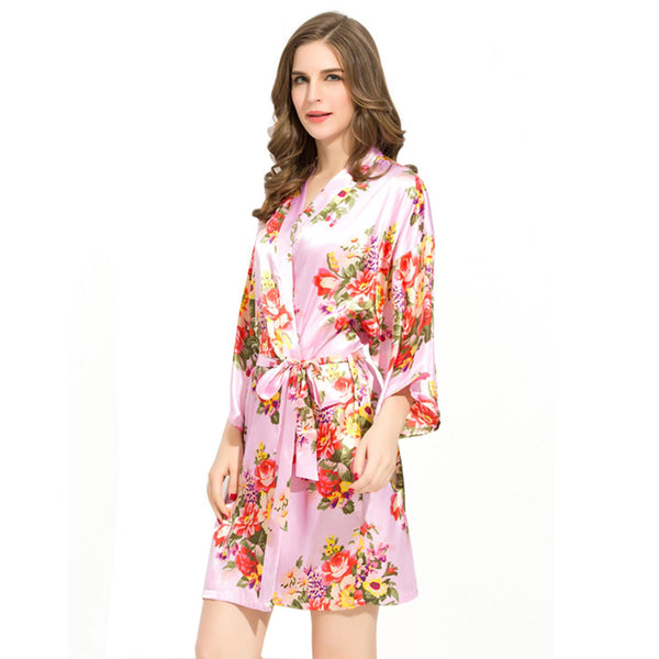 Light Pink - Floral Satin Kimono Robe