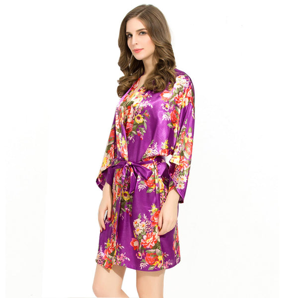 Purple - Floral Satin Kimono Robe