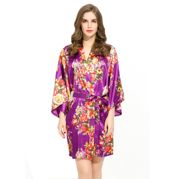 Purple - Floral Satin Kimono Robe