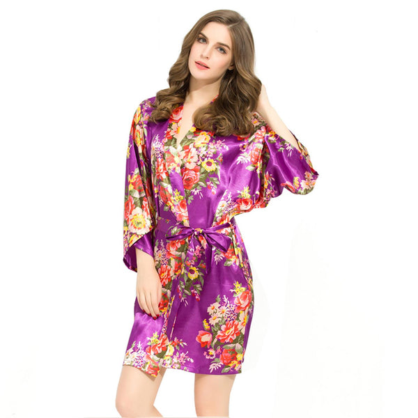 Purple - Floral Satin Kimono Robe