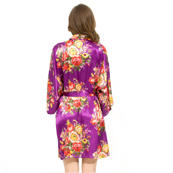 Purple - Floral Satin Kimono Robe