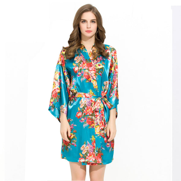 Turqouise - Floral Satin Kimono Robe