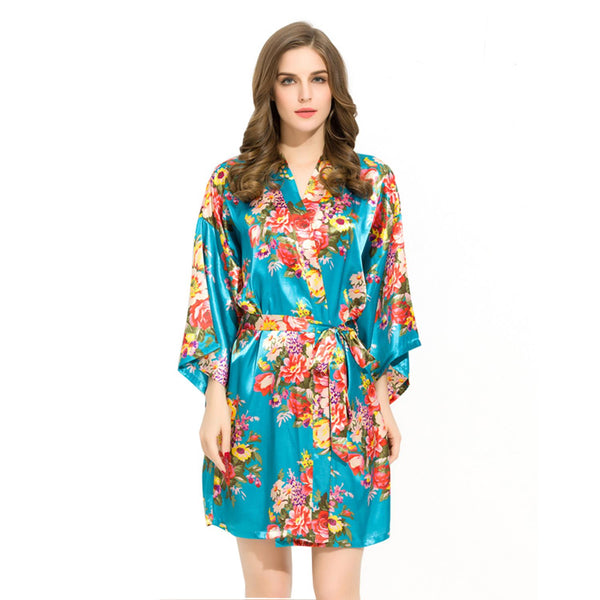 Turqouise - Floral Satin Kimono Robe