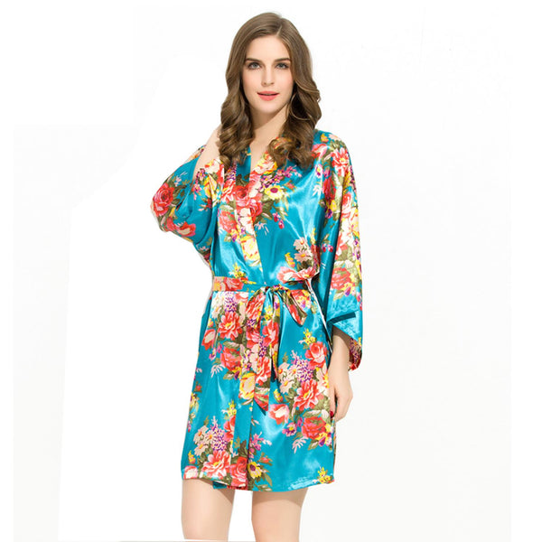 Turqouise - Floral Satin Kimono Robe