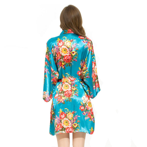 Turqouise - Floral Satin Kimono Robe