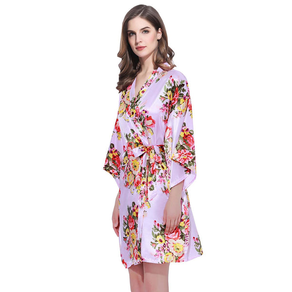 Violet - Floral Satin Kimono Robe