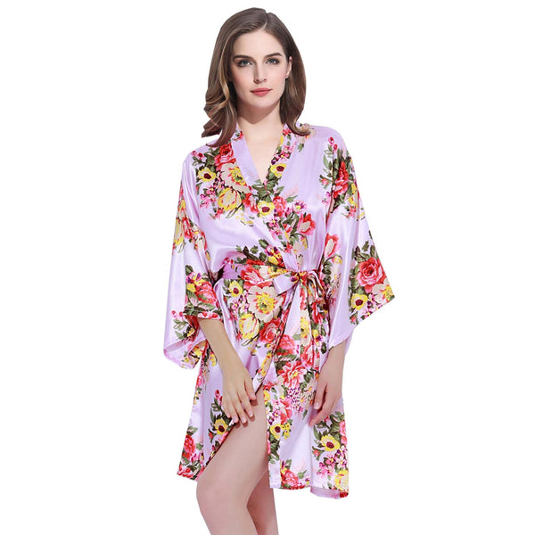 Violet - Floral Satin Kimono Robe