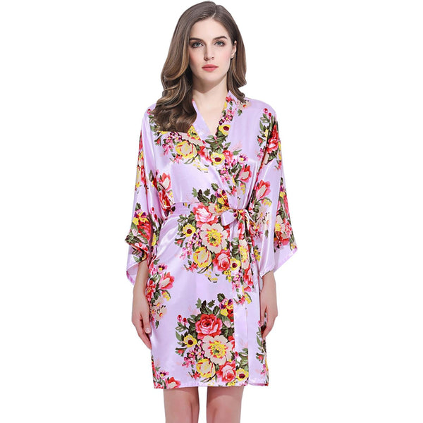 Violet - Floral Satin Kimono Robe