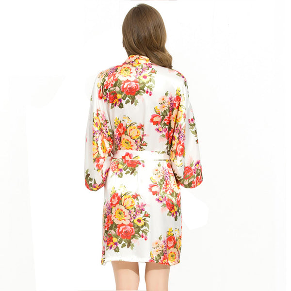 White - Floral Satin Kimono Robe