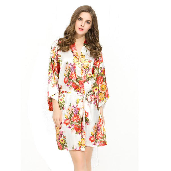 White - Floral Satin Kimono Robe