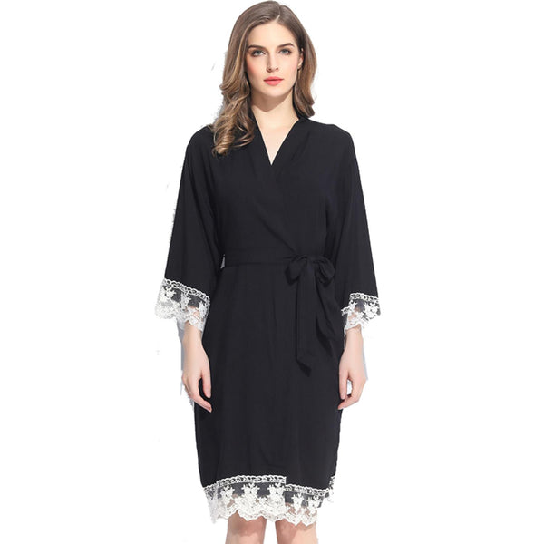 Black - Solid Cotton Lace Kimono Robe