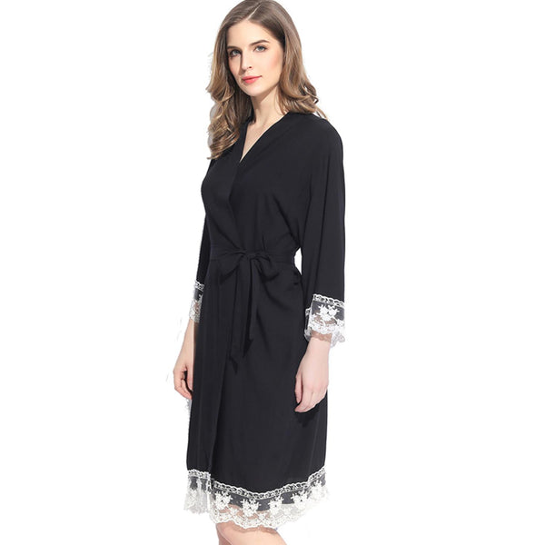 Black - Solid Cotton Lace Kimono Robe