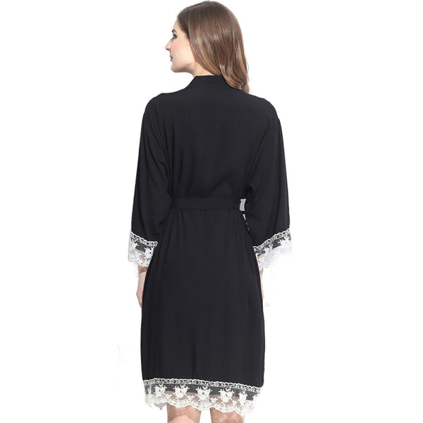 Black - Solid Cotton Lace Kimono Robe