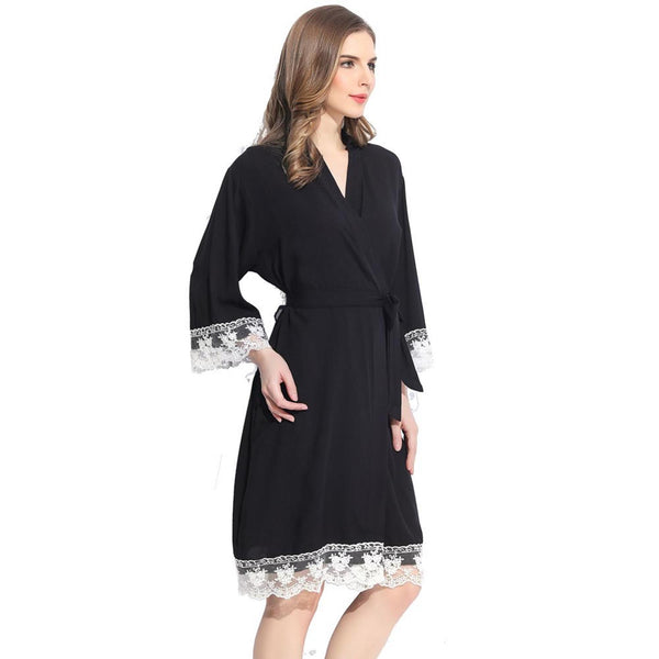 Black - Solid Cotton Lace Kimono Robe