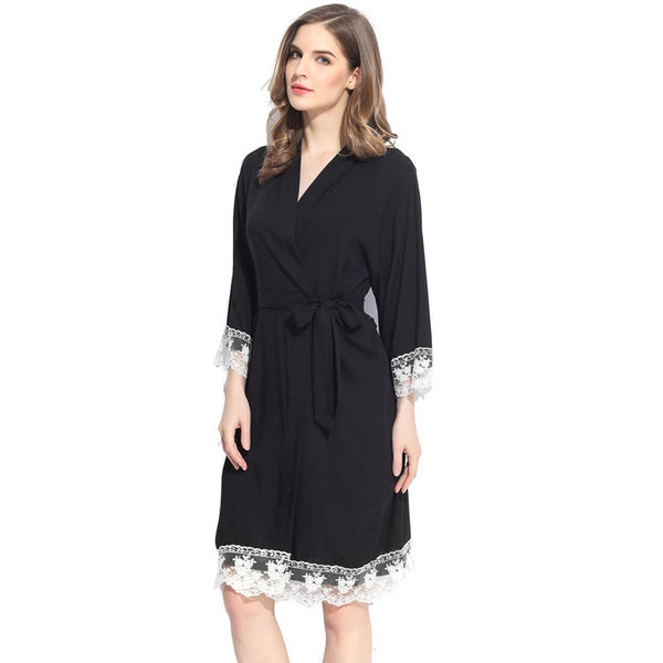 Black - Solid Cotton Lace Kimono Robe