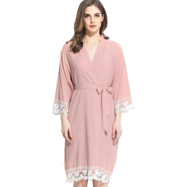 Blush - Solid Cotton Lace Kimono Robe