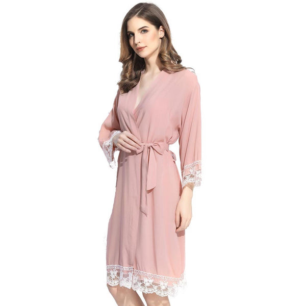 Blush - Solid Cotton Lace Kimono Robe