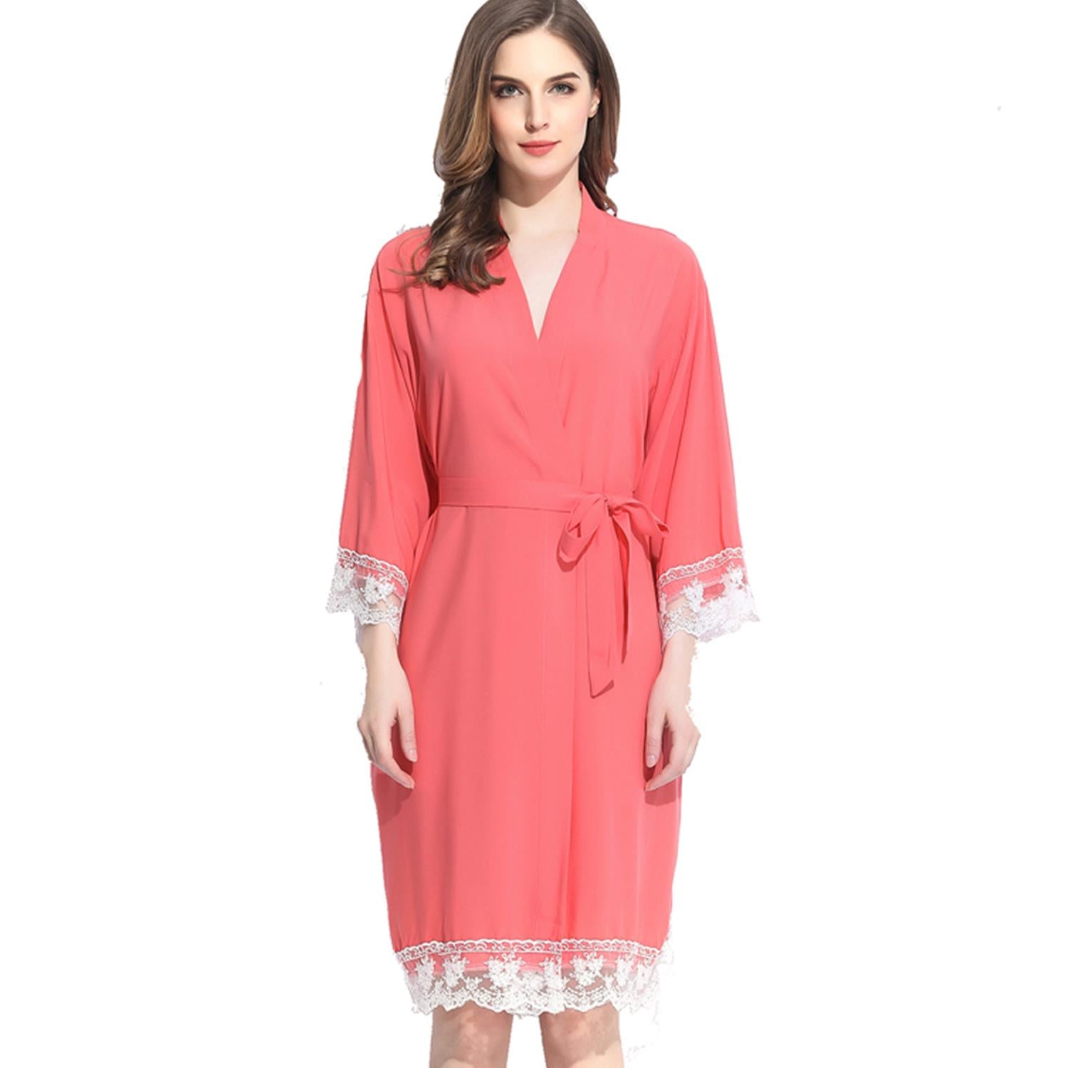 Coral - Solid Cotton Lace Kimono Robe