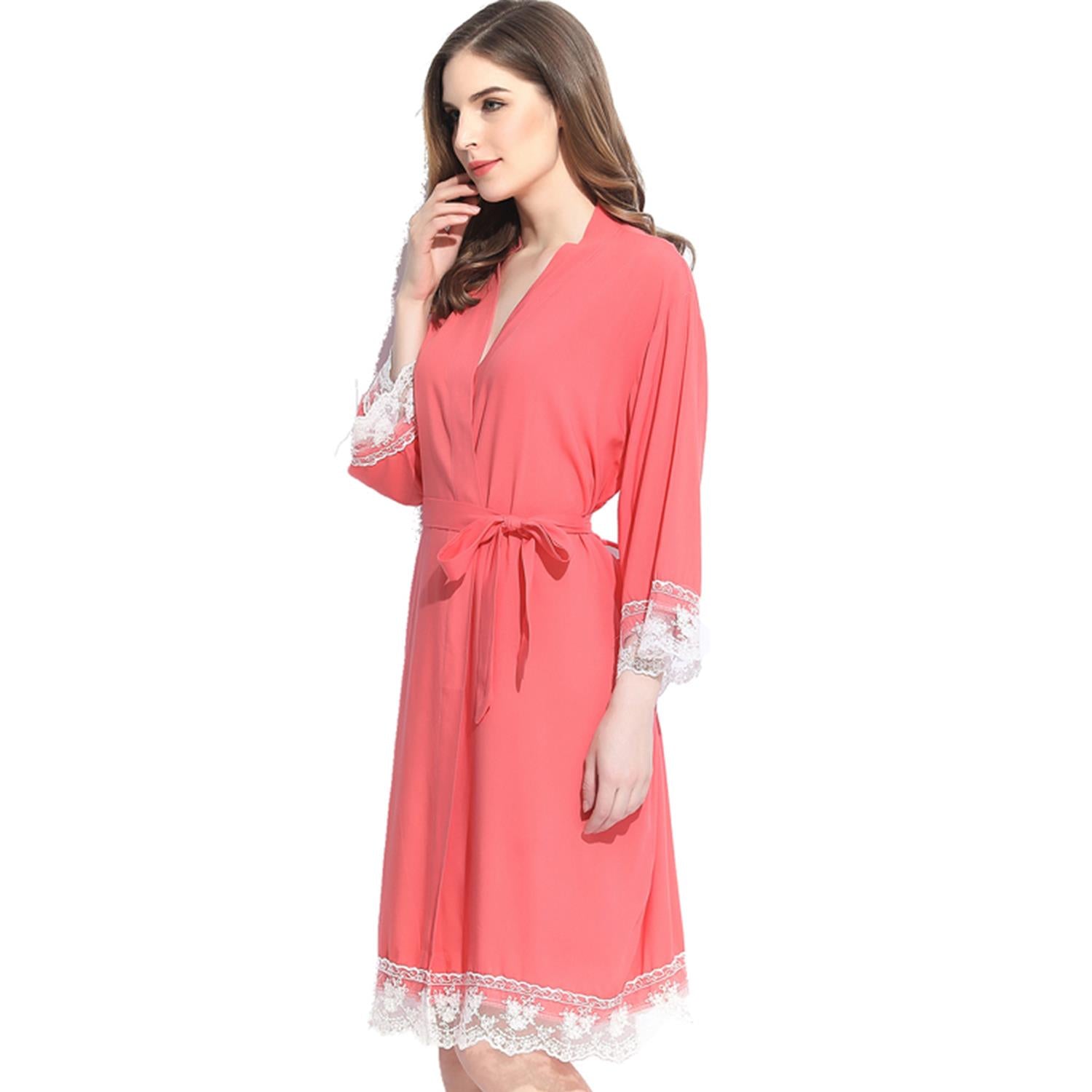 Coral - Solid Cotton Lace Kimono Robe