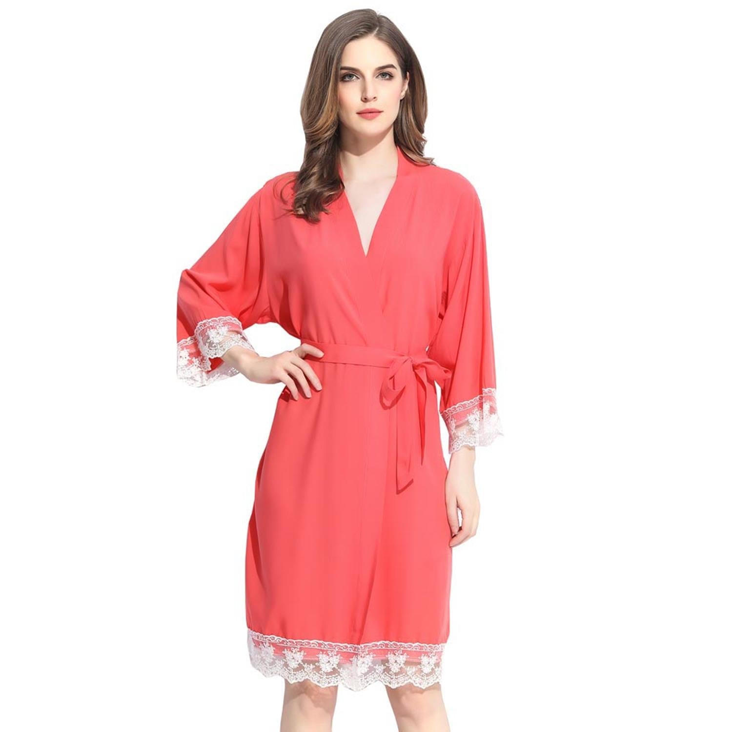 Coral - Solid Cotton Lace Kimono Robe