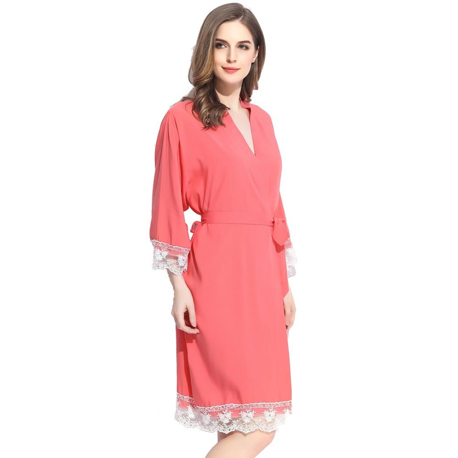 Coral - Solid Cotton Lace Kimono Robe