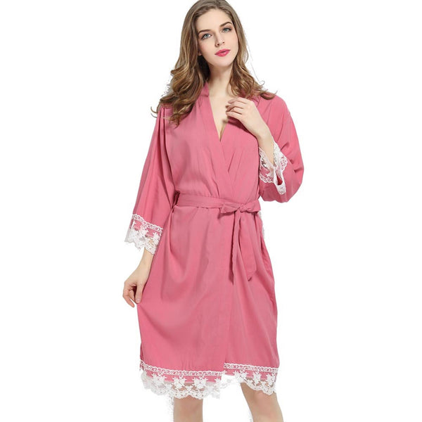 Dusty Pink - Solid Cotton Lace Kimono Robe