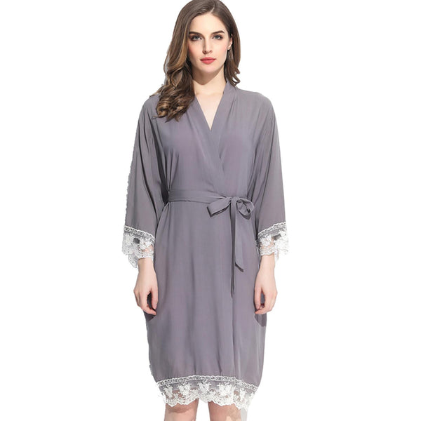 Grey - Solid Cotton Lace Kimono Robe