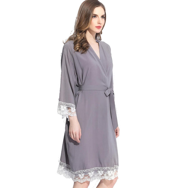 Grey - Solid Cotton Lace Kimono Robe