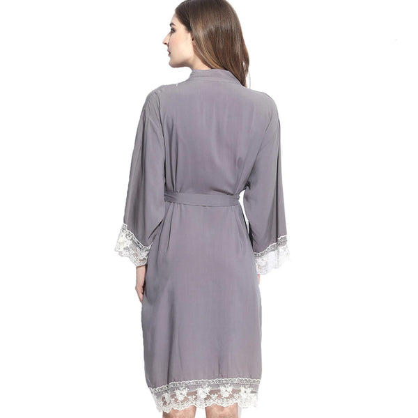 Grey - Solid Cotton Lace Kimono Robe