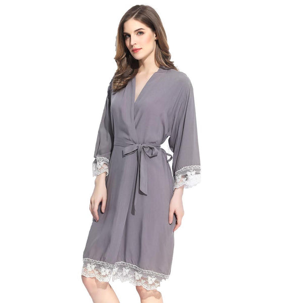 Grey - Solid Cotton Lace Kimono Robe