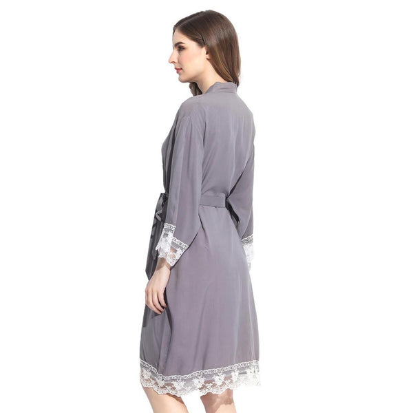 Grey - Solid Cotton Lace Kimono Robe