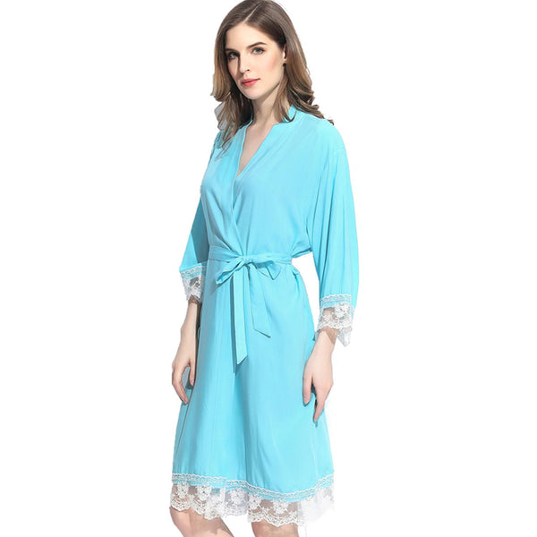 Turqouise - Solid Cotton Lace Kimono Robe