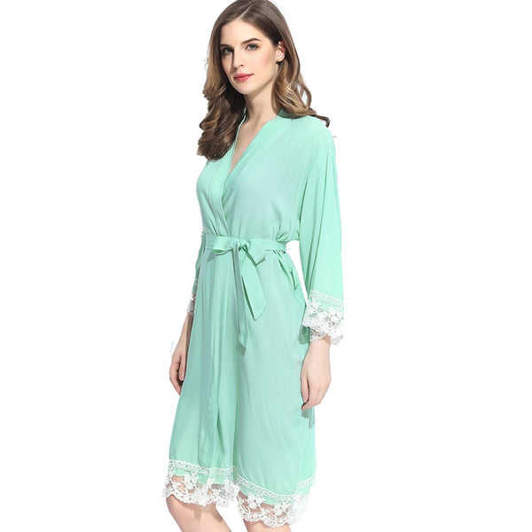 Mint - Solid Cotton Lace Kimono Robe