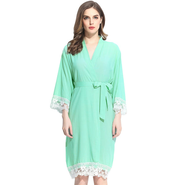 Mint - Solid Cotton Lace Kimono Robe