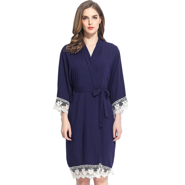 Navy Blue - Solid Cotton Lace Kimono Robe