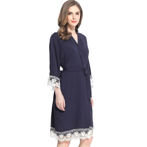 Navy Blue - Solid Cotton Lace Kimono Robe