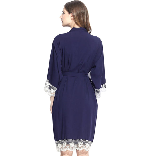 Navy Blue - Solid Cotton Lace Kimono Robe